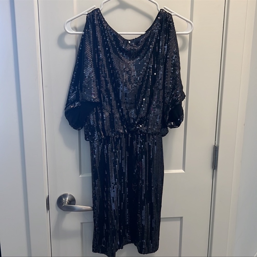• XSCAPE • Grey Sequin Open Shoulder Batwing Dress